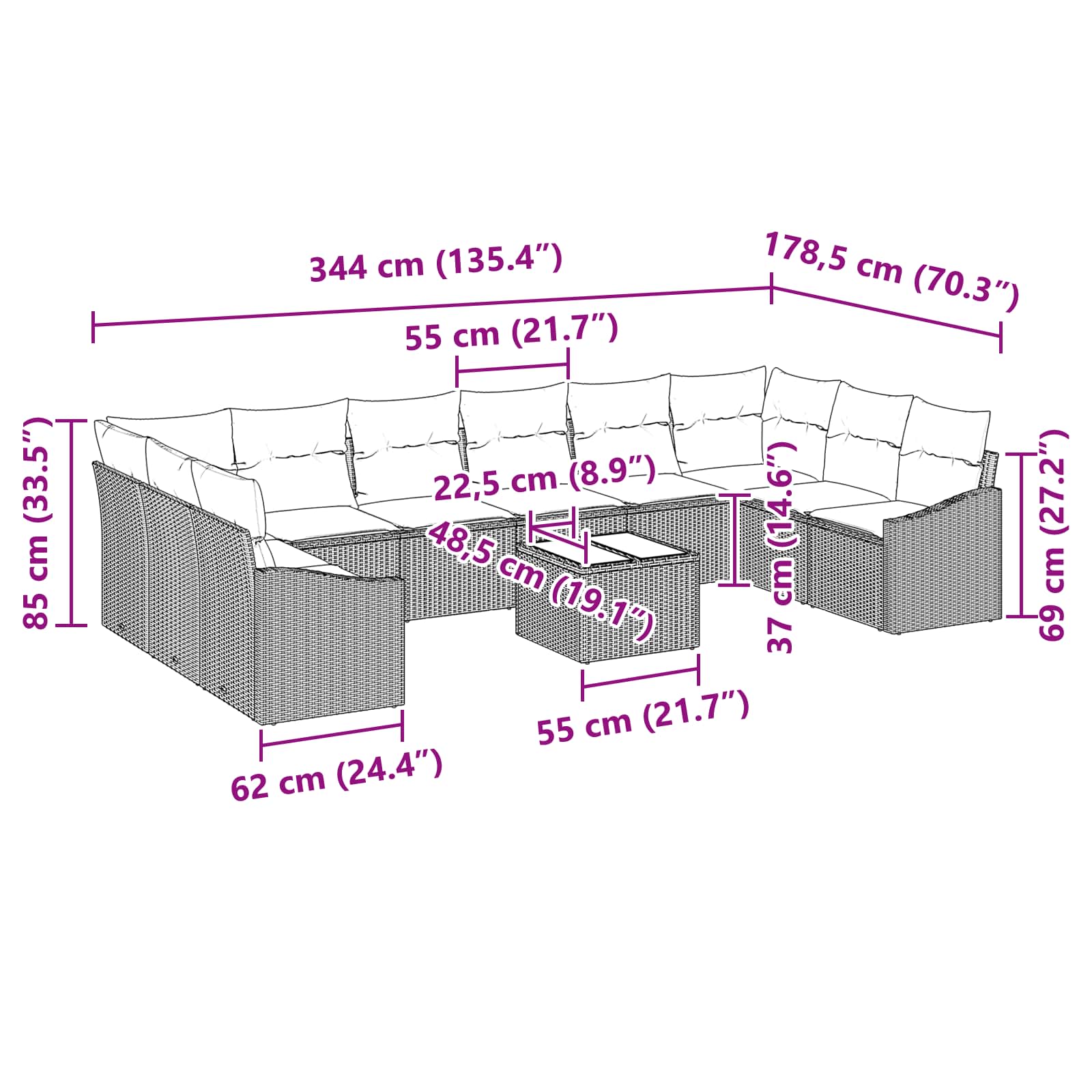 Gartensofa-set mit Speicher Hellgrau Poly-Rattan