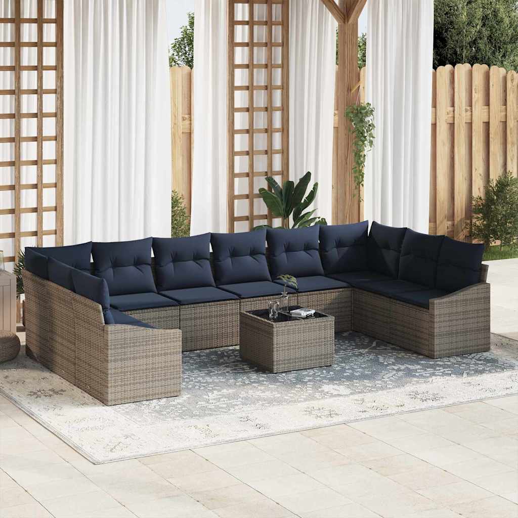 Gartensofa-set mit Speicher Grau und Marineblau Poly-Rattan