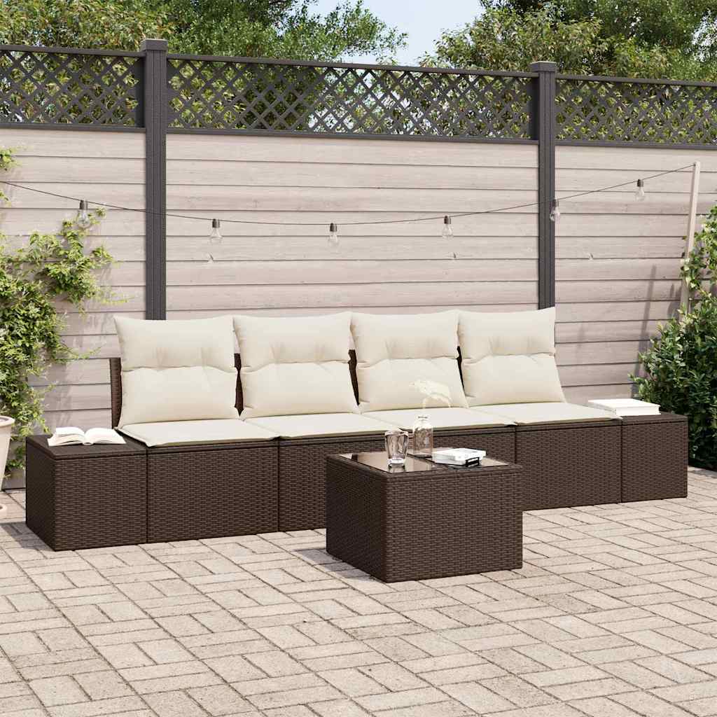 Garten-Sofa-Set mit Kissen 5 pcs Braun und Creme Poly-Rattan