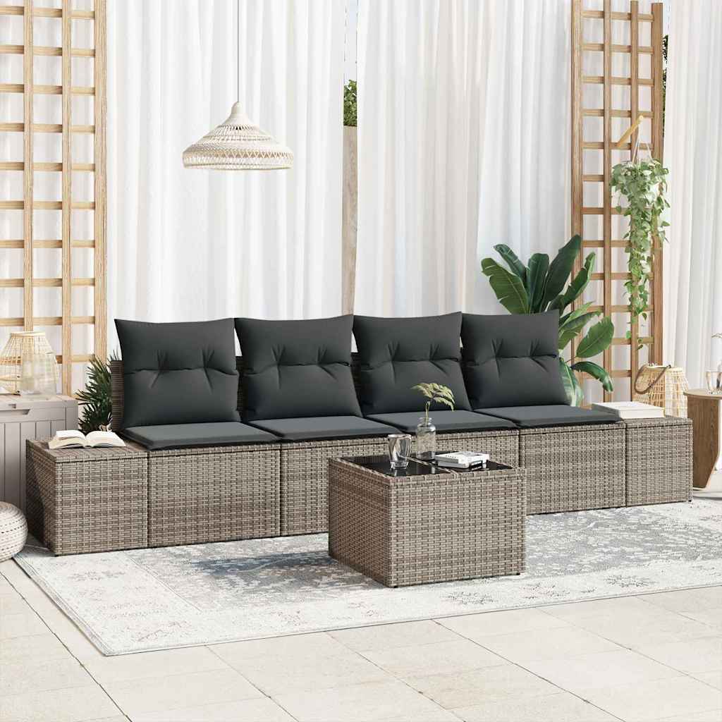 Garten-Sofa-Set mit Kissen mit Speicher 5 pcs Grau Poly-Rattan