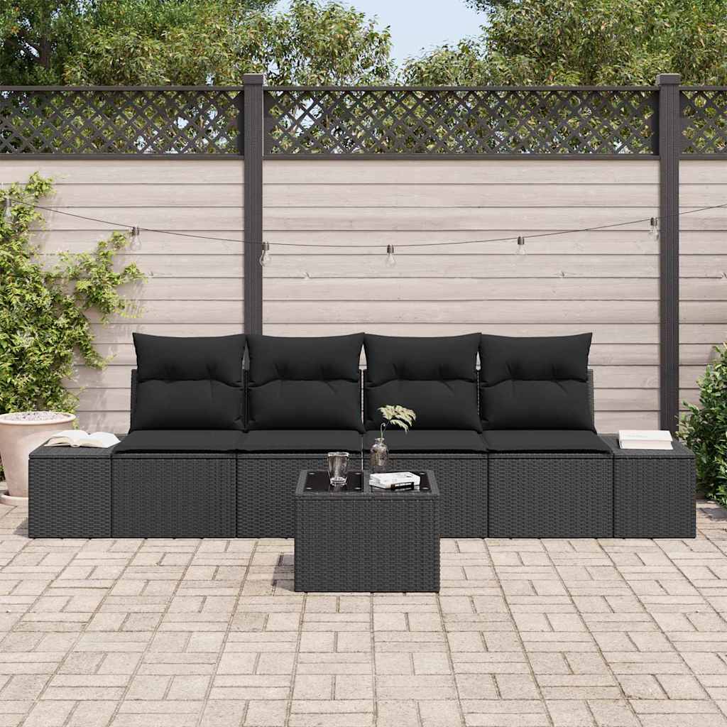 Garten-Sofa-Set mit Kissen 5 pcs Schwarz Poly-Rattan