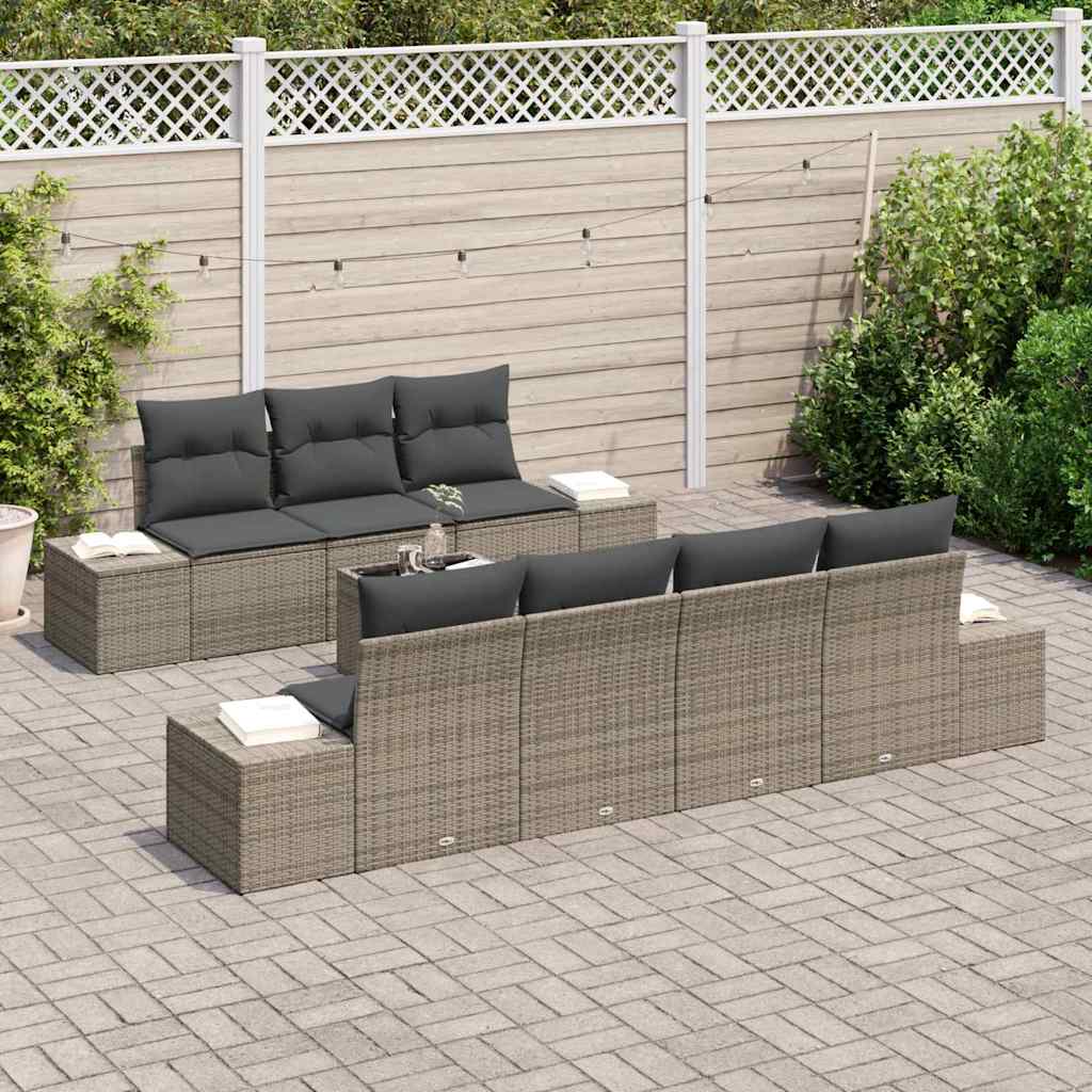Garten-Sofa-Set mit Kissen mit Speicher 8 pcs Grau Poly-Rattan