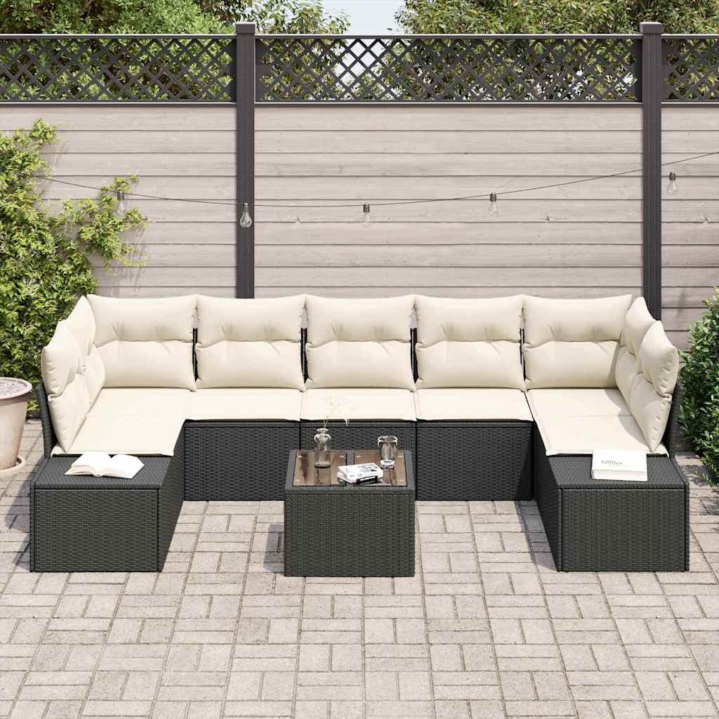 Gartensofa-set mit Kissen 8 pcs Schwarz und Creme Poly-Rattan