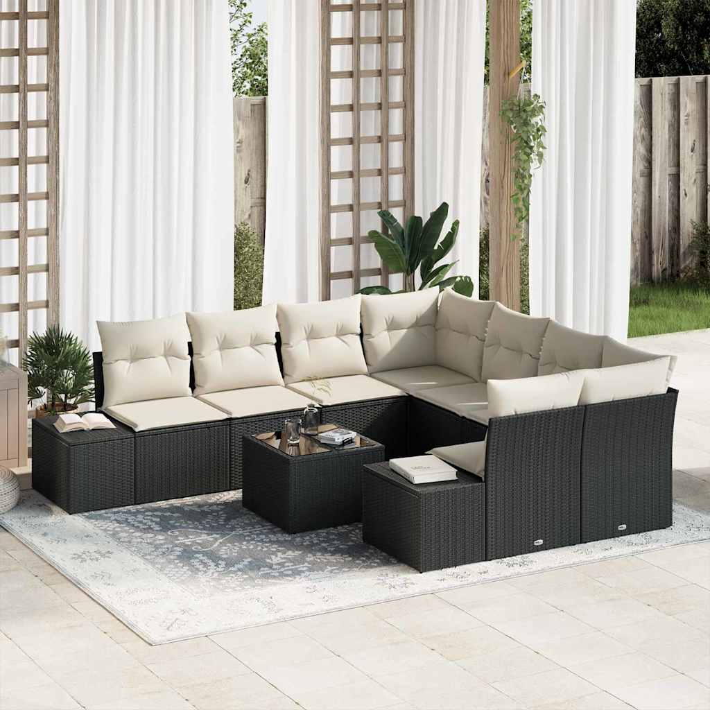 Garten-Sofa-Set mit Kissen 9 pcs Schwarz und Creme Poly-Rattan