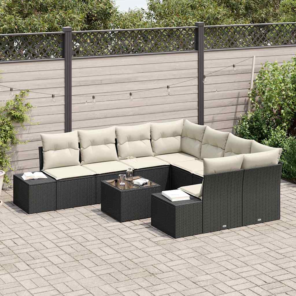 Garten-Sofa-Set mit Kissen 9 pcs Schwarz und Creme Poly-Rattan