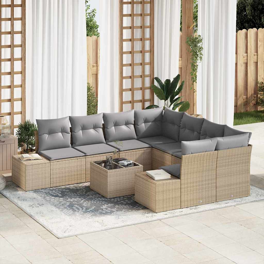 Garten-Sofa-Set mit Kissen 9 pcs Beige und Grau Poly-Rattan