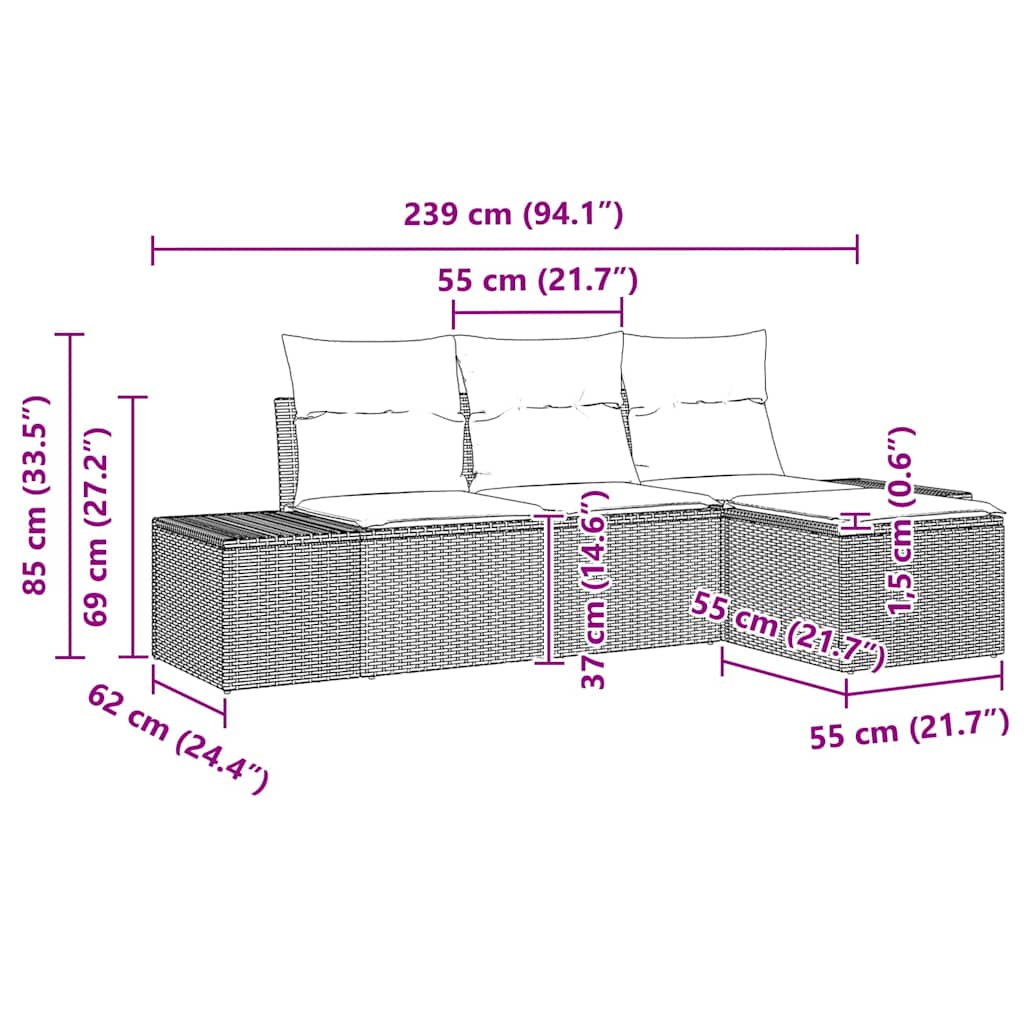 Garten-Sofa-Set mit Kissen mit Speicher 4 pcs Grau Poly-Rattan