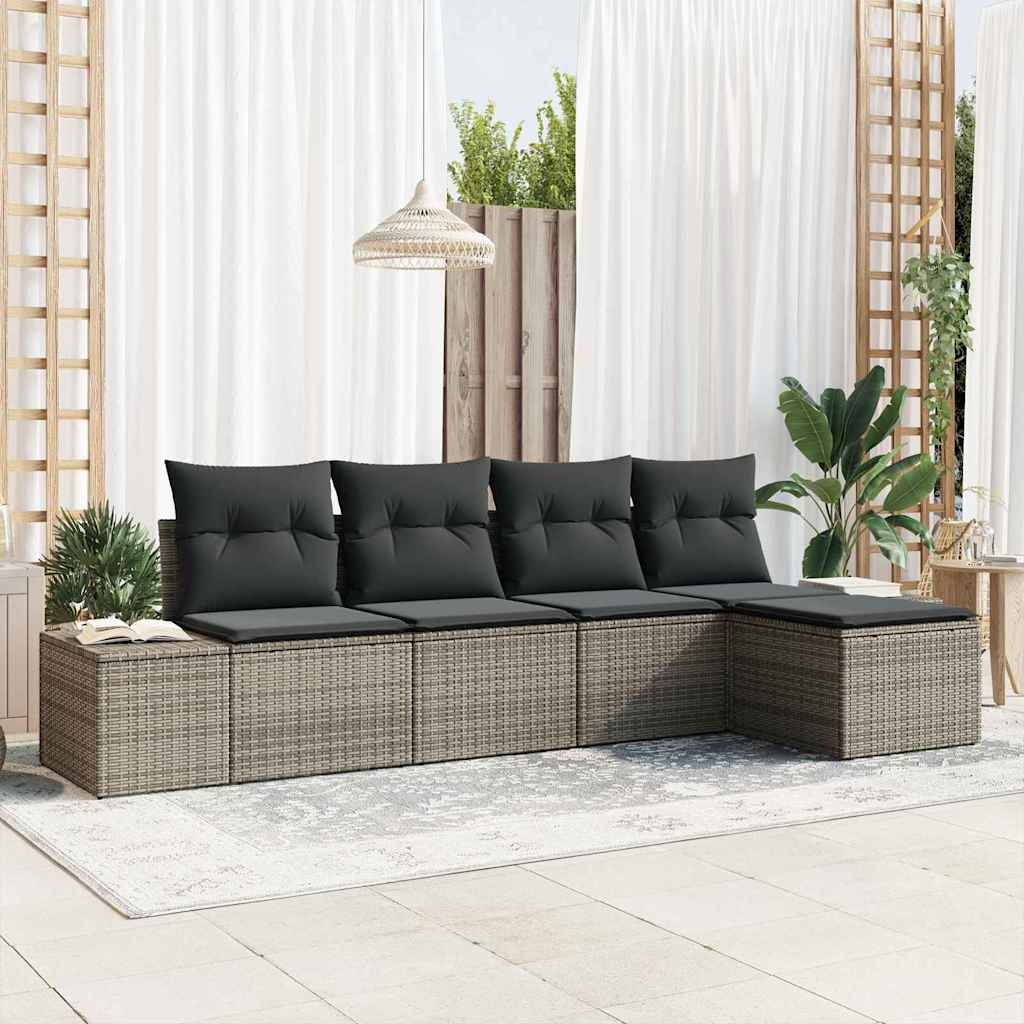 Garten-Sofa-Set mit Kissen mit Speicher 5 pcs Grau Poly-Rattan