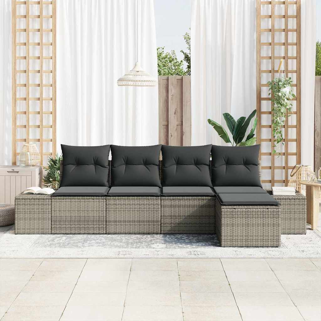 Garten-Sofa-Set mit Kissen mit Speicher 5 pcs Grau Poly-Rattan