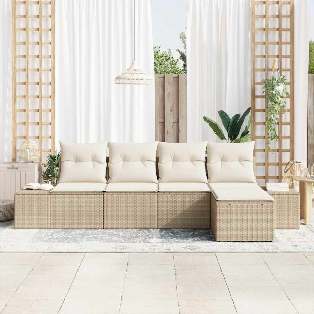 Garten-Sofa-Set mit Kissen 5 pcs Beige und Creme Poly-Rattan