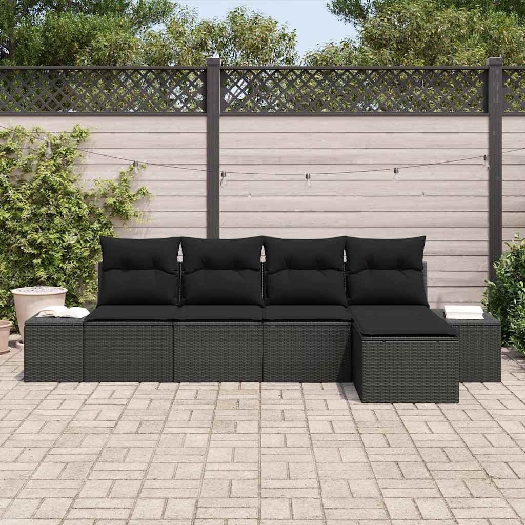 Garten-Sofa-Set mit Kissen 5 pcs Schwarz Poly-Rattan