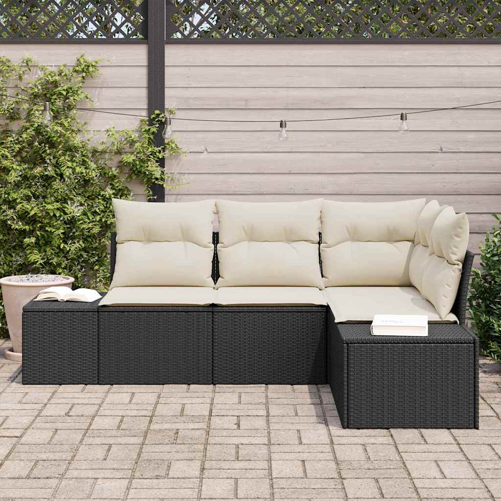 Gartensofa-set mit Speicher 4 pcs Schwarz und Creme Poly-Rattan