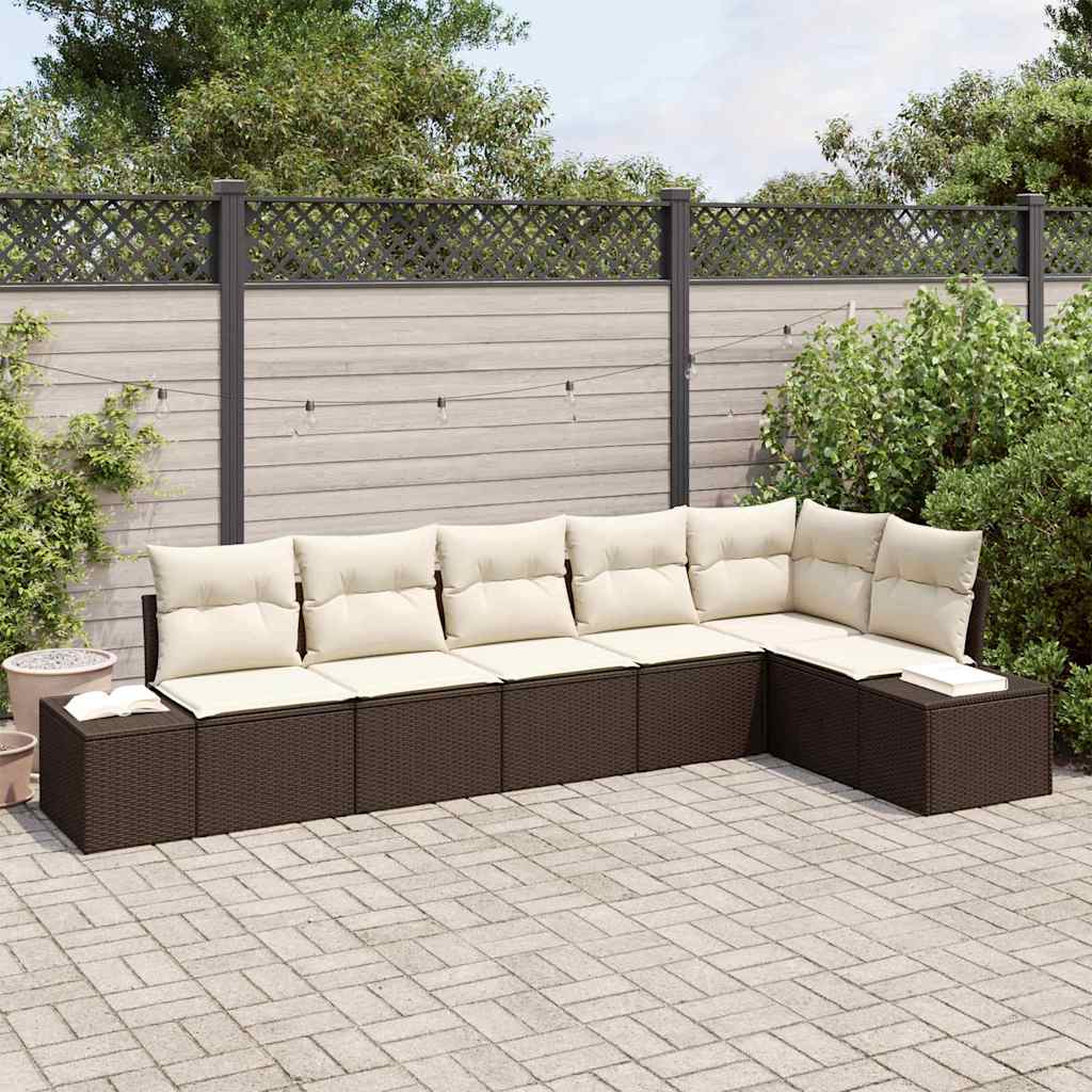 Gartensofa-set mit Speicher 6 pcs Braun und Creme Poly-Rattan