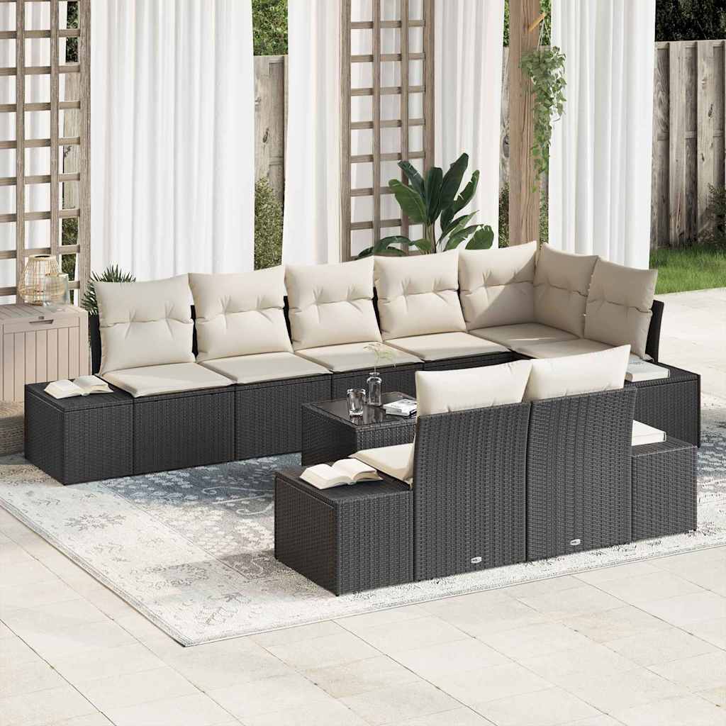 Gartensofa-set mit Speicher Schwarz und Creme Poly Rattan