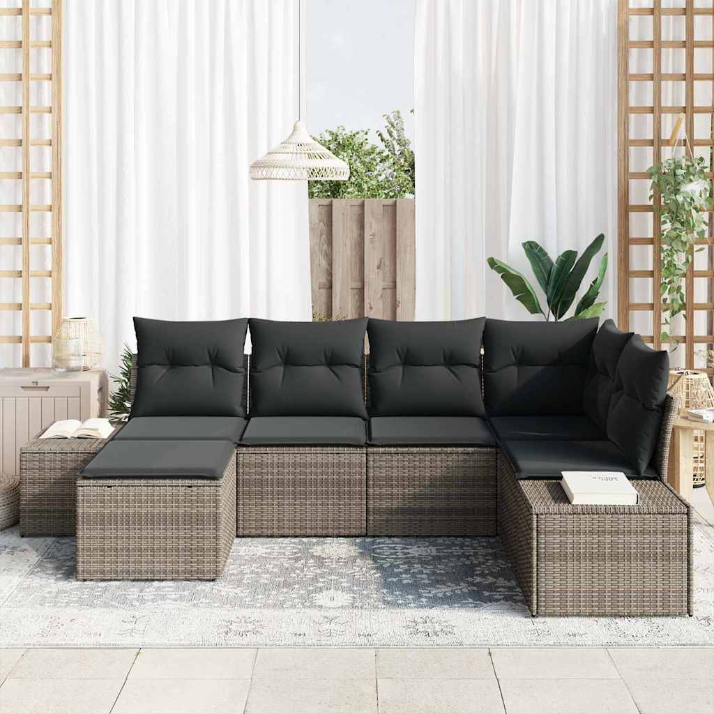 Garten-Sofa-Set mit Kissen mit Speicher 6 pcs Grau Poly-Rattan