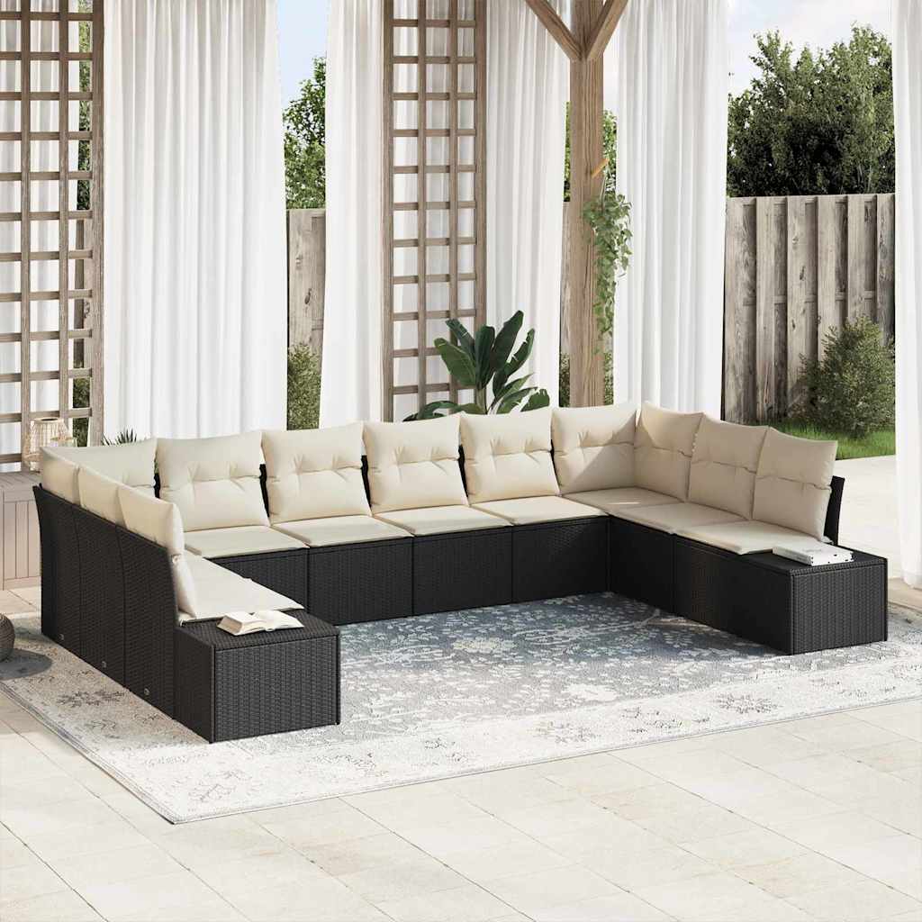 Gartensofa-set mit Kissen 10 pcs Schwarz und Creme Polyrattan