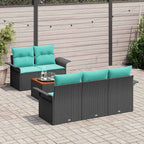 Gartensofa-set 6 pcs Schwarz und Türkis Poly-Rattan