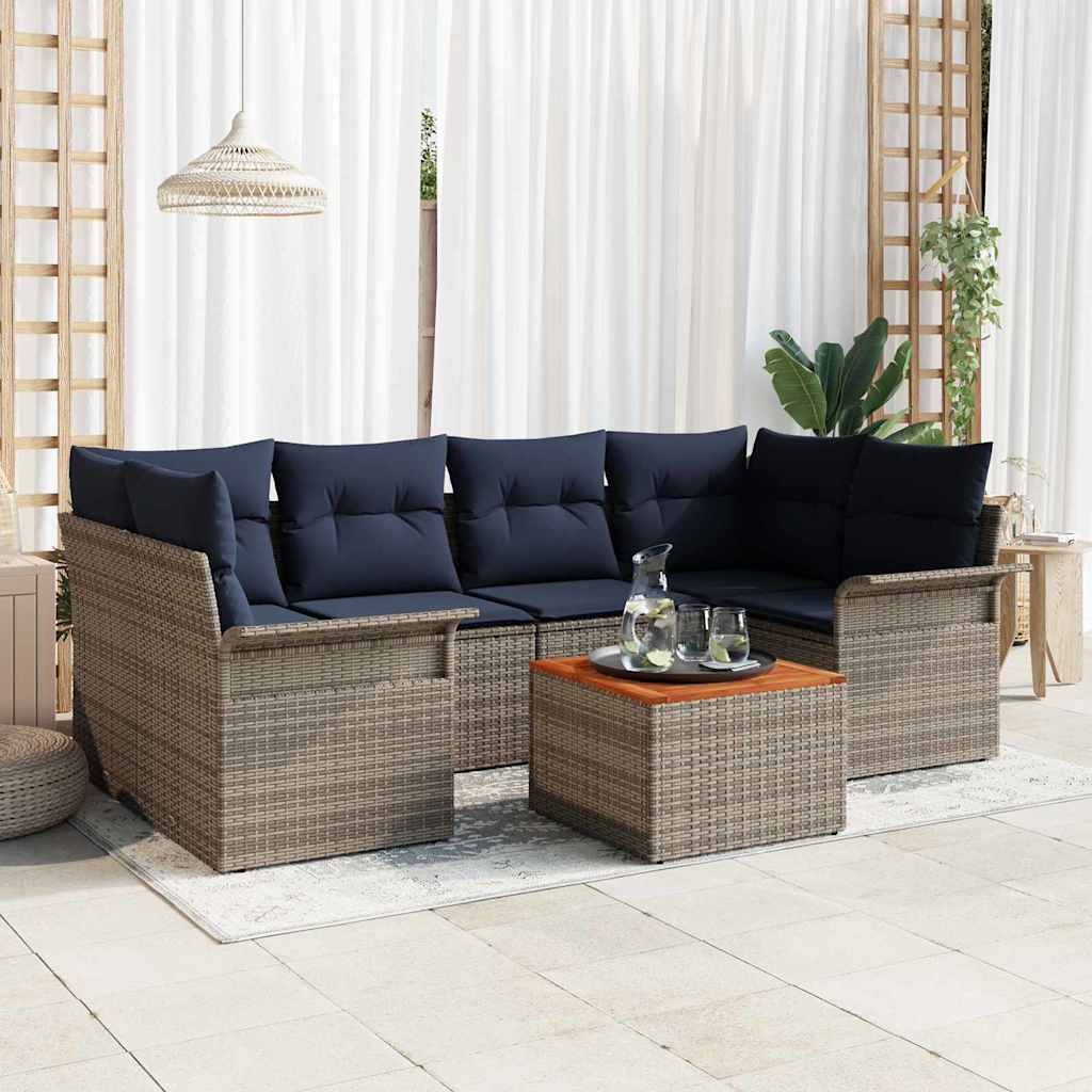 Gartensofa-set 7 pcs Grau und Marineblau Poly-Rattan
