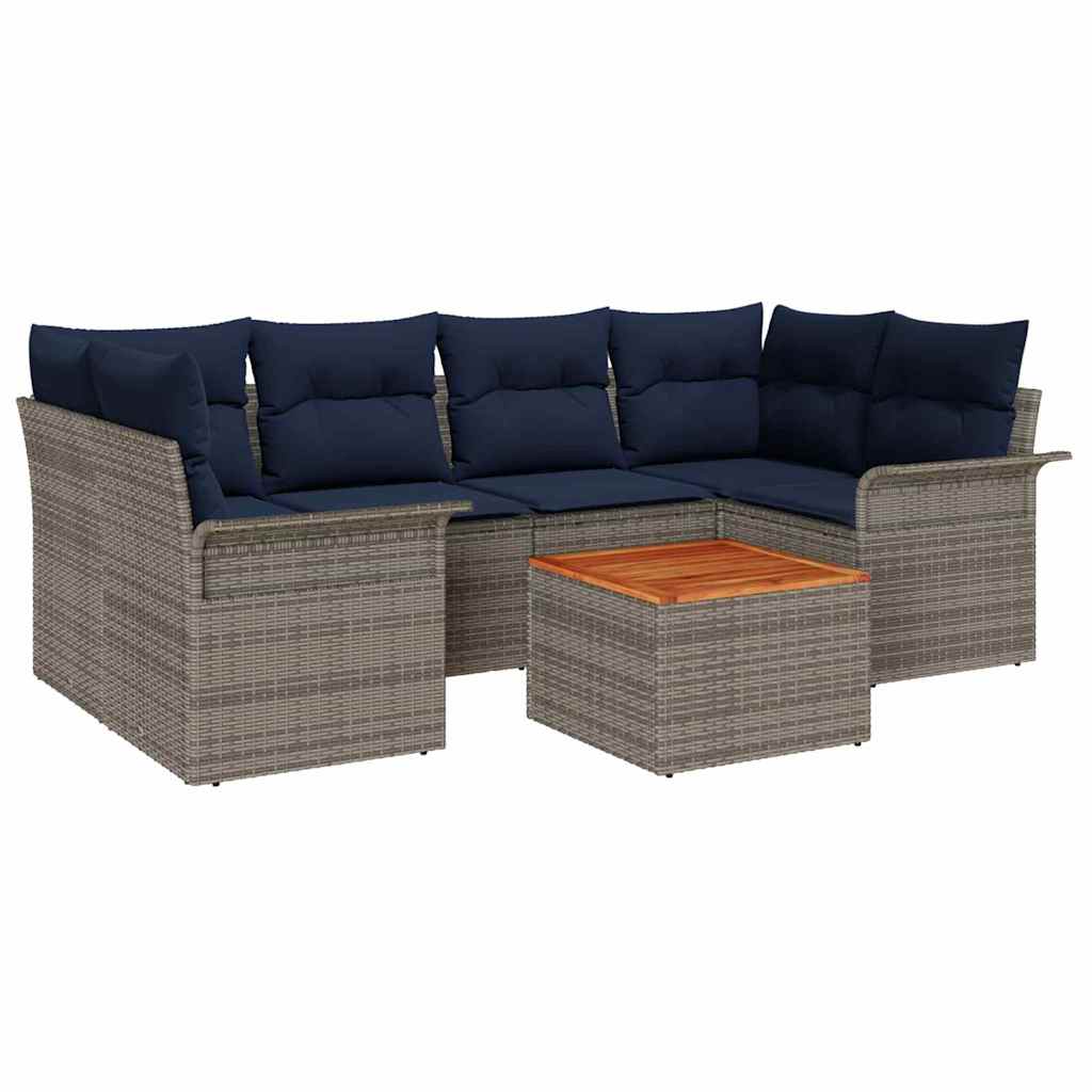 Gartensofa-set 7 pcs Grau und Marineblau Poly-Rattan