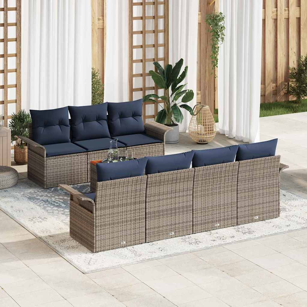 Gartensofa-set 8 pcs Grau und Marineblau Poly-Rattan