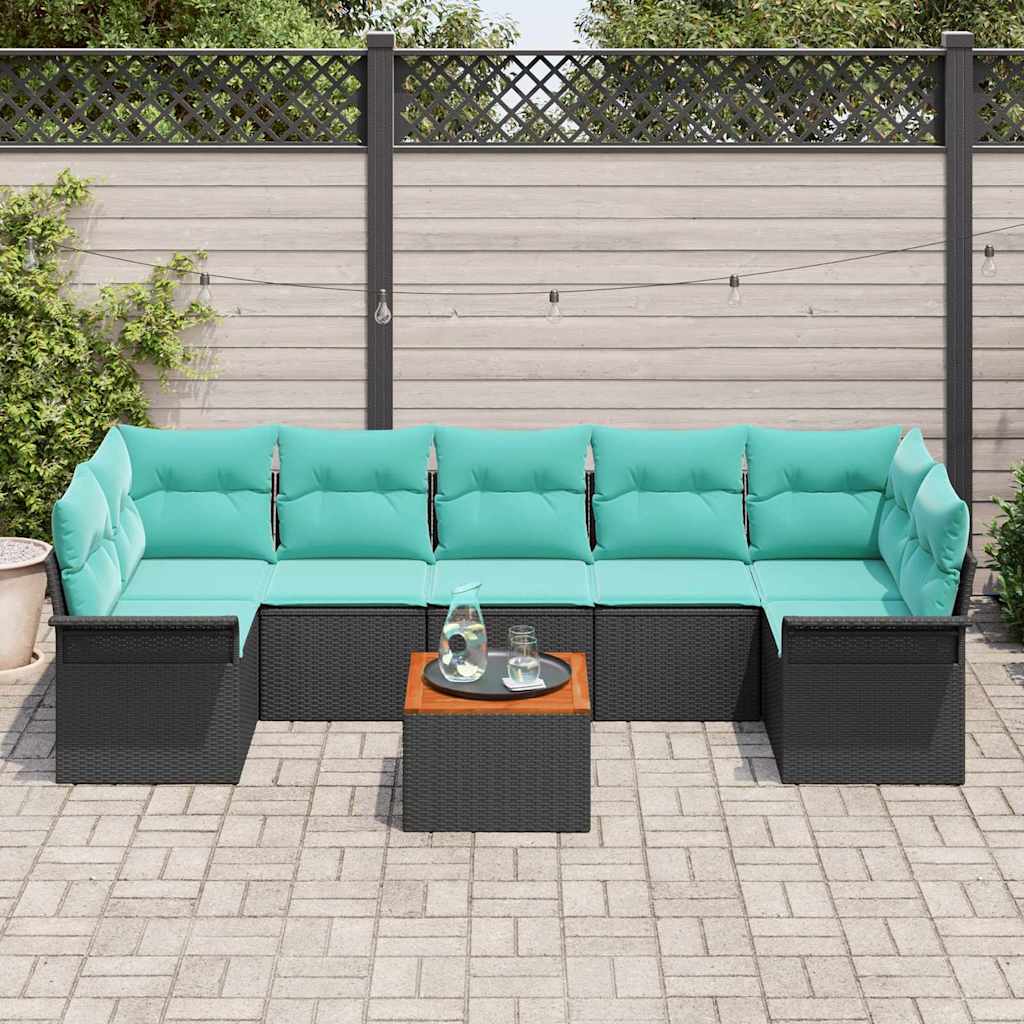 Gartensofa-set 8 pcs Schwarz und Türkis Poly-Rattan