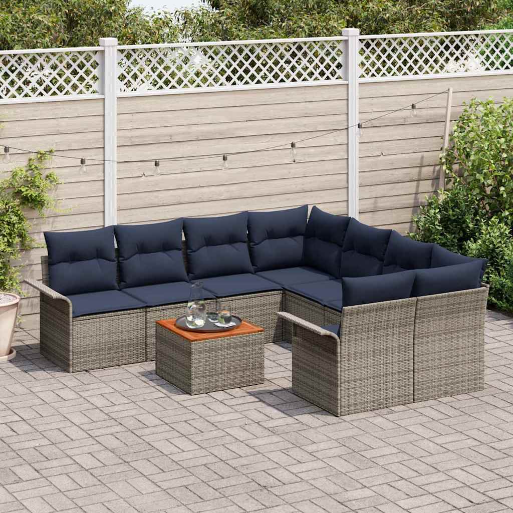 Gartensofa-set 9 pcs Grau und Marineblau Poly-Rattan