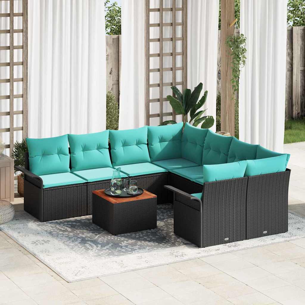 Gartensofa-set 9 pcs Schwarz und Türkis Poly-Rattan