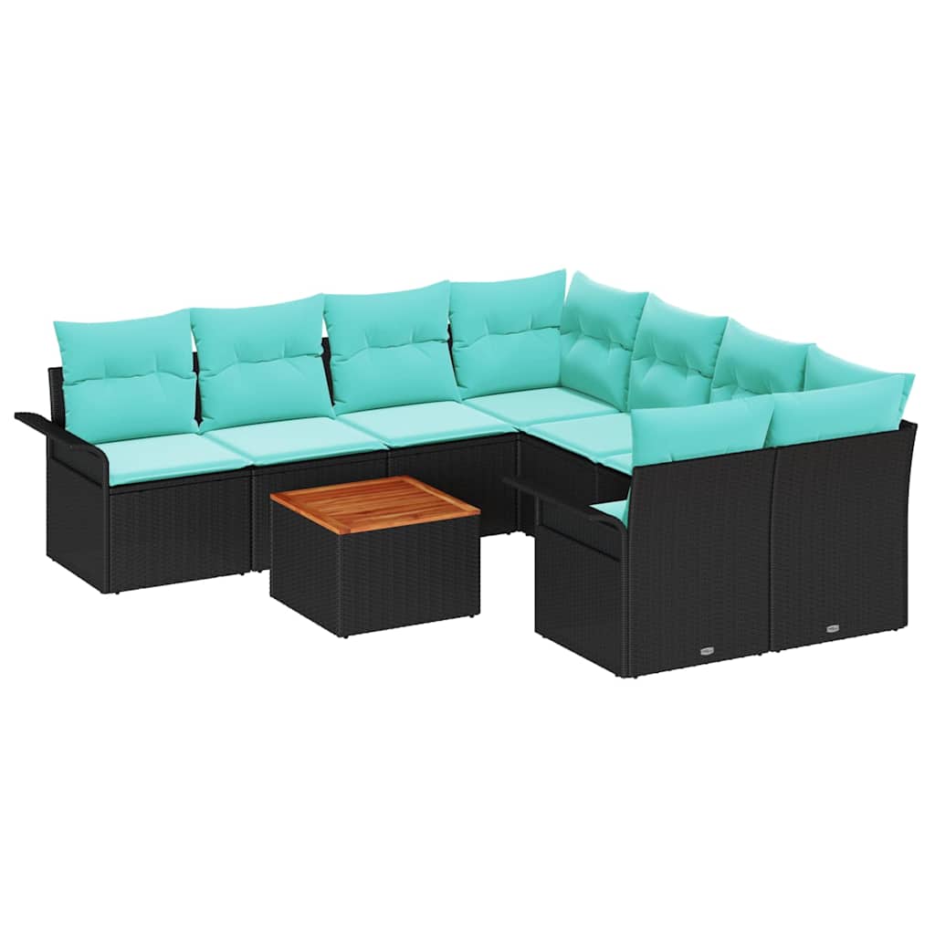 Gartensofa-set 9 pcs Schwarz und Türkis Poly-Rattan