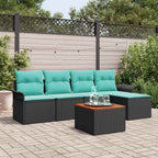 Gartensofa-set 6 pcs Schwarz und Türkis Poly-Rattan