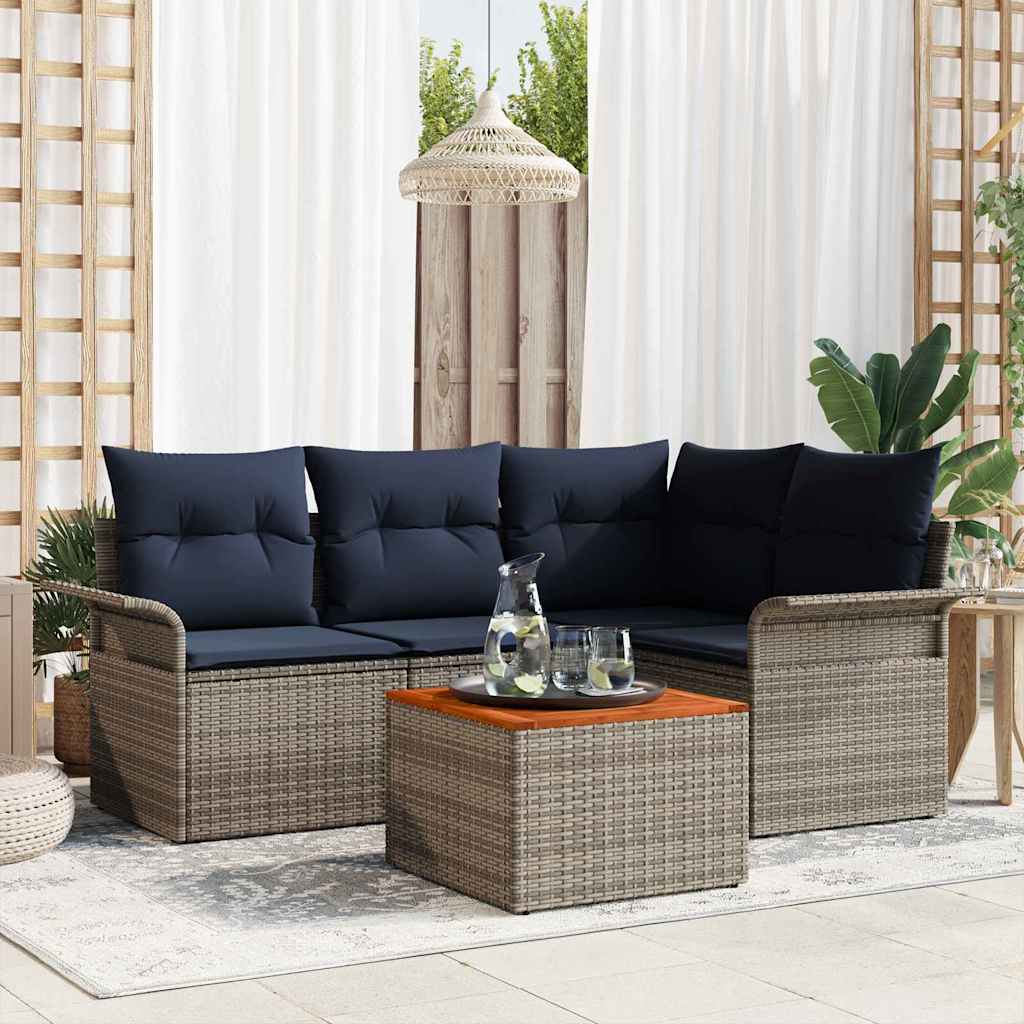 Gartensofa-set 5 pcs Grau und Marineblau Poly-Rattan