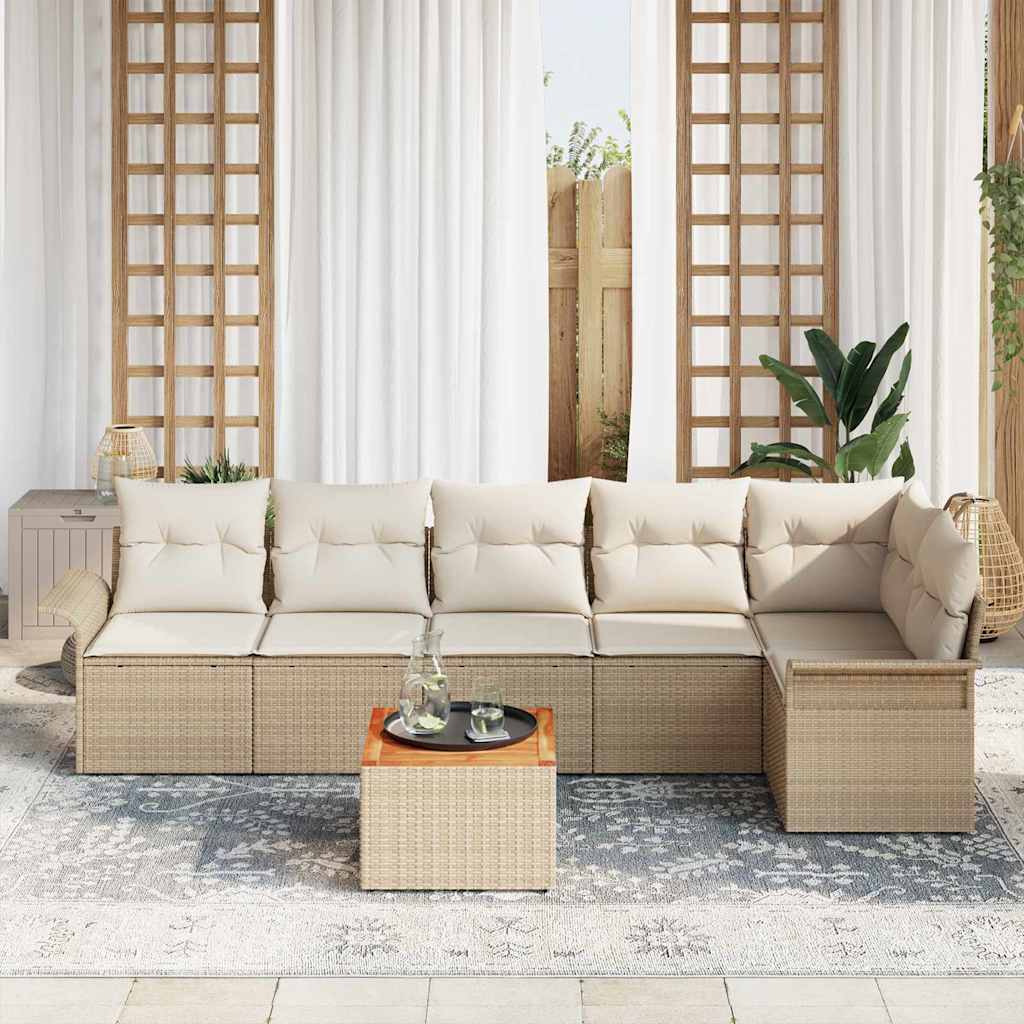 Gartensofa-set mit Speicher 7 pcs Beige und Creme Poly-Rattan