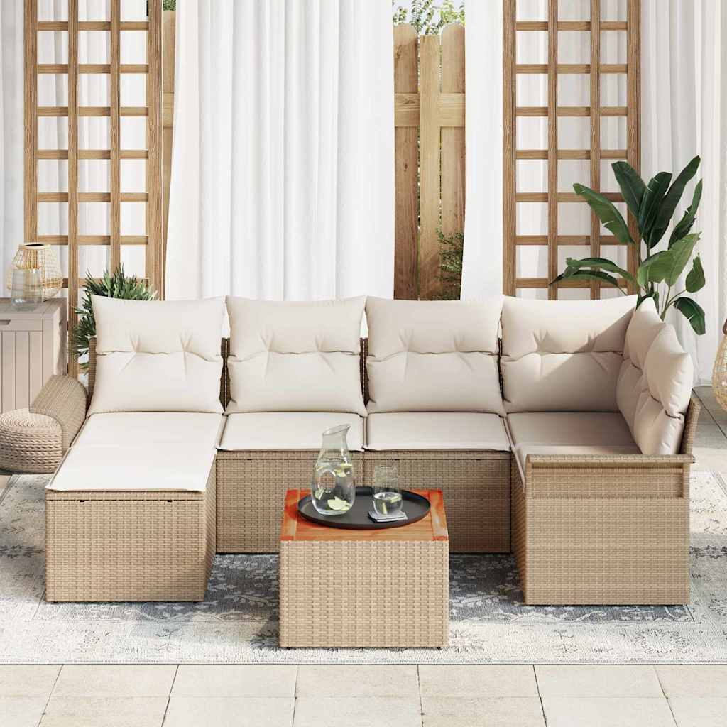 Gartensofa-set mit Speicher 7 pcs Beige und Creme Poly-Rattan