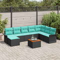 Gartensofa-set 9 pcs Schwarz und Türkis Poly-Rattan