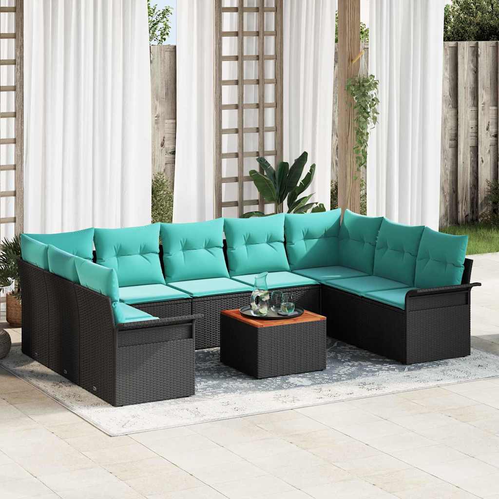 Gartensofa-set 10 pcs Schwarz und Türkis Poly-Rattan