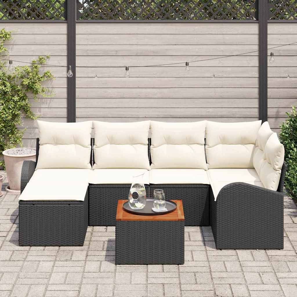 Gartensofa-set mit Speicher 7 pcs Schwarz und Creme Poly-Rattan