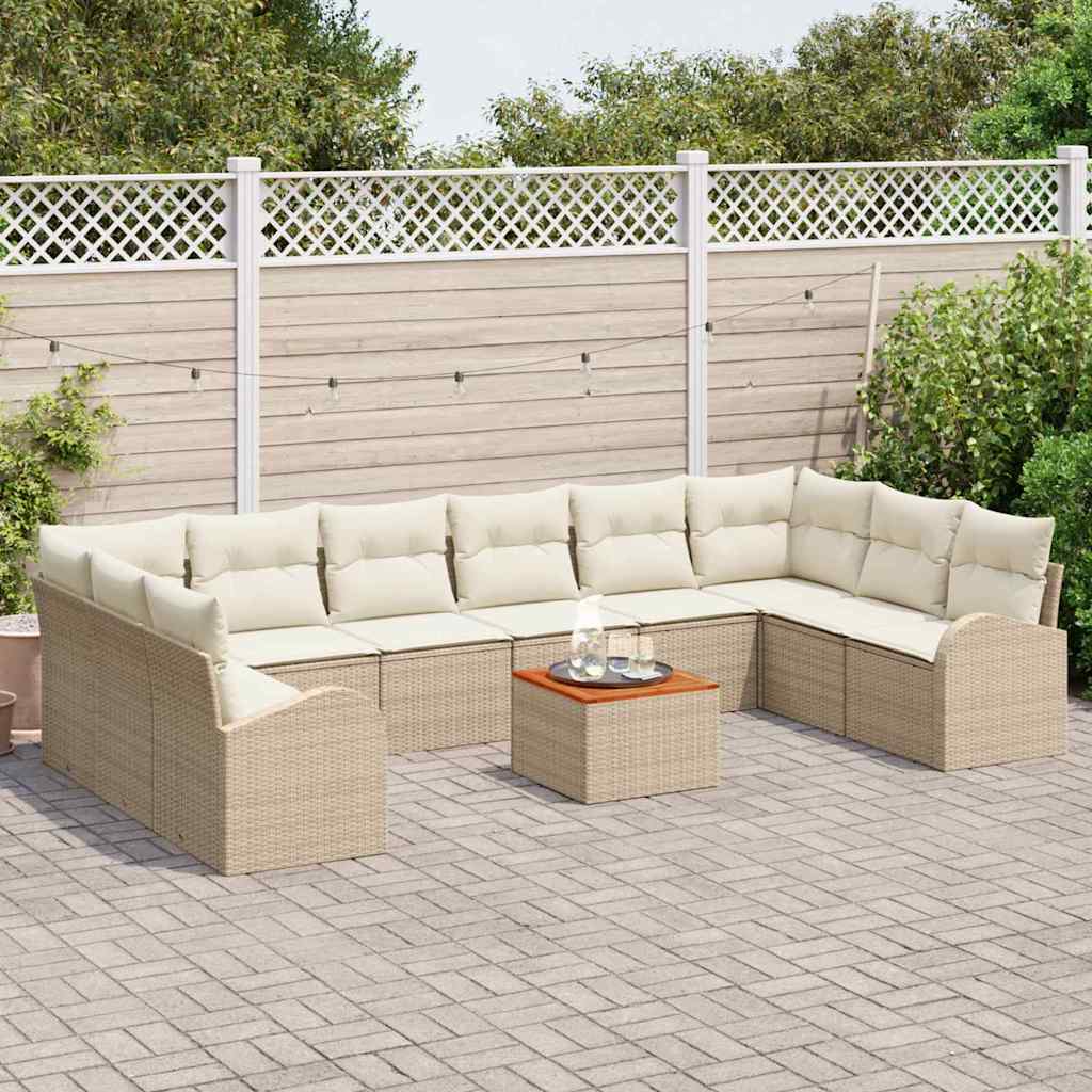 Gartensofa-set mit Speicher 11 pcs Beige und Creme Poly-Rattan