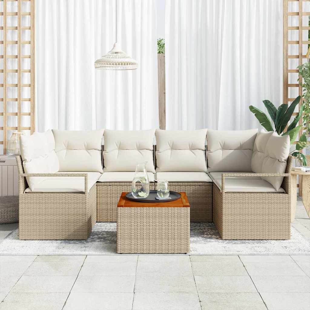 Gartensofa-set mit Speicher 7 pcs Beige und Creme Poly-Rattan