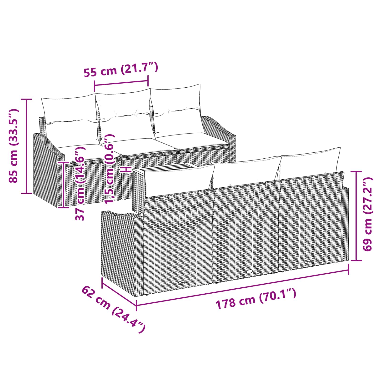 Gartensofa-set 7 pcs Grau und Marineblau Poly-Rattan