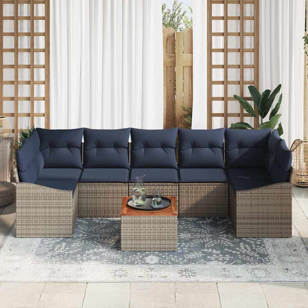 Gartensofa-set 8 pcs Grau und Marineblau Poly-Rattan