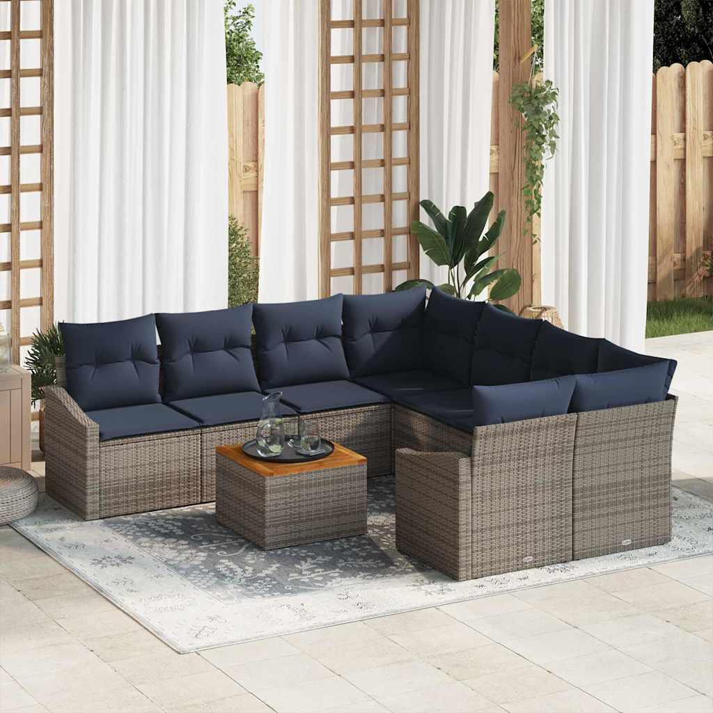 Gartensofa-set 9 pcs Grau und Marineblau Poly-Rattan