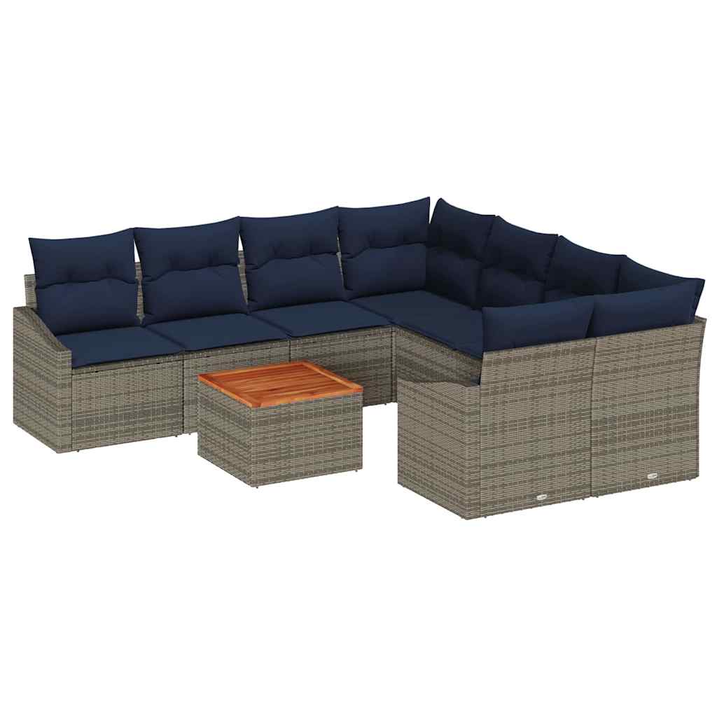 Gartensofa-set 9 pcs Grau und Marineblau Poly-Rattan