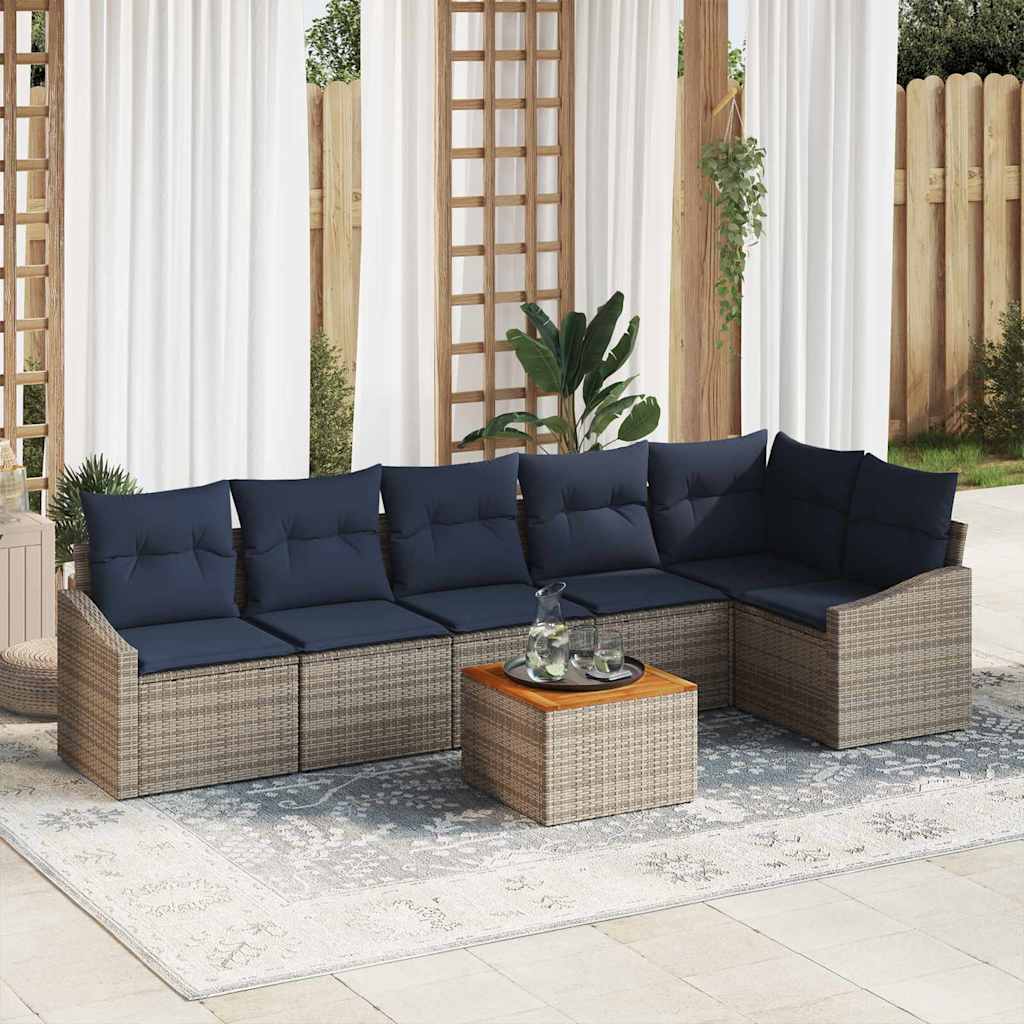Gartensofa-set 7 pcs Grau und Marineblau Poly-Rattan