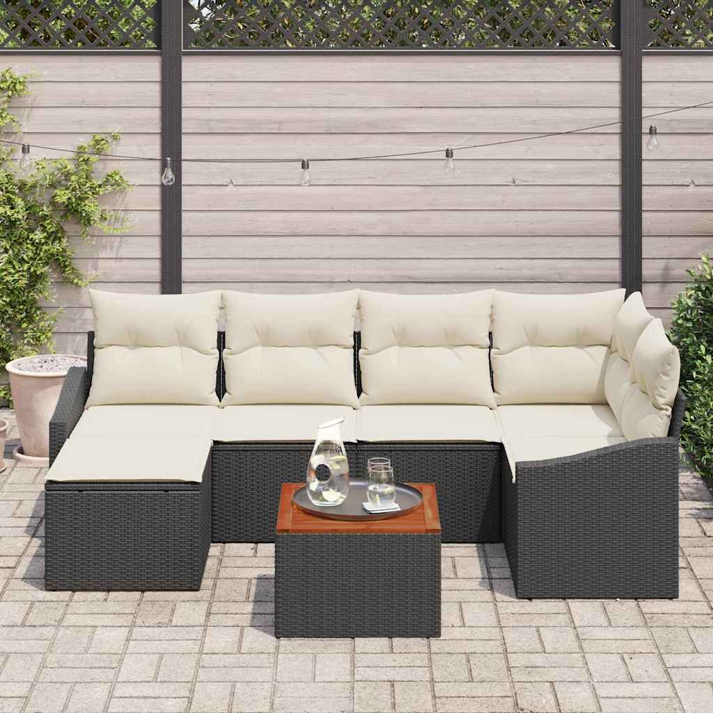 Gartensofa-set mit Speicher 7 pcs Schwarz und Creme Poly-Rattan