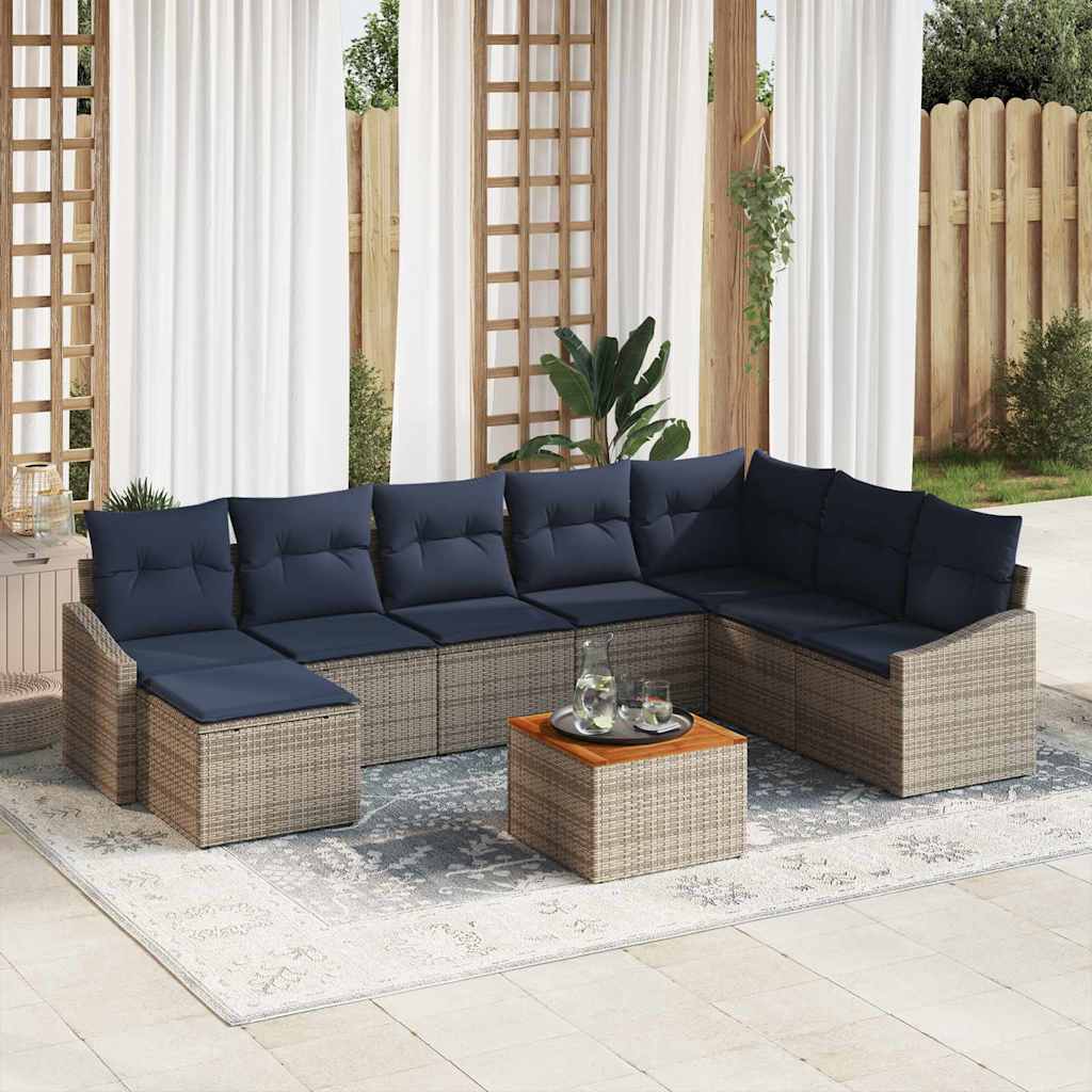Gartensofa-set 9 pcs Grau und Marineblau Poly-Rattan