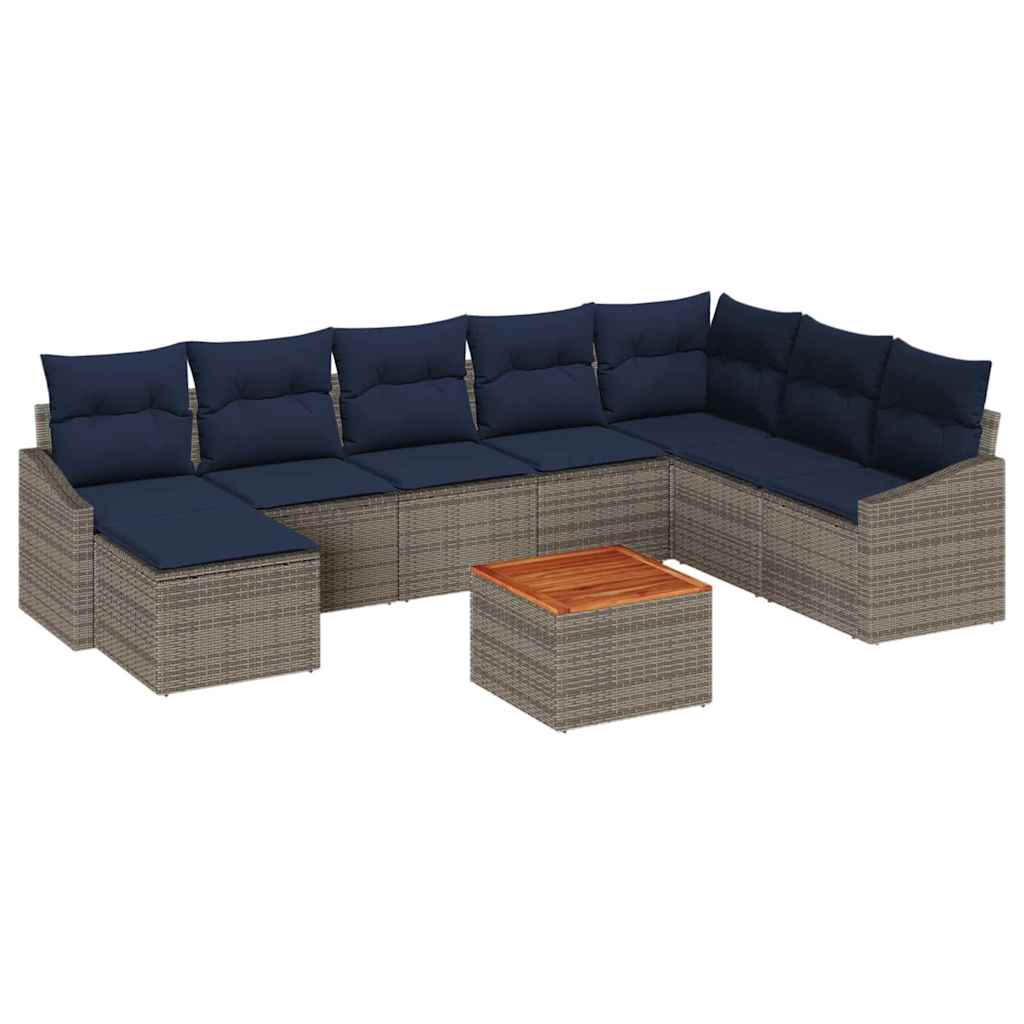 Gartensofa-set 9 pcs Grau und Marineblau Poly-Rattan
