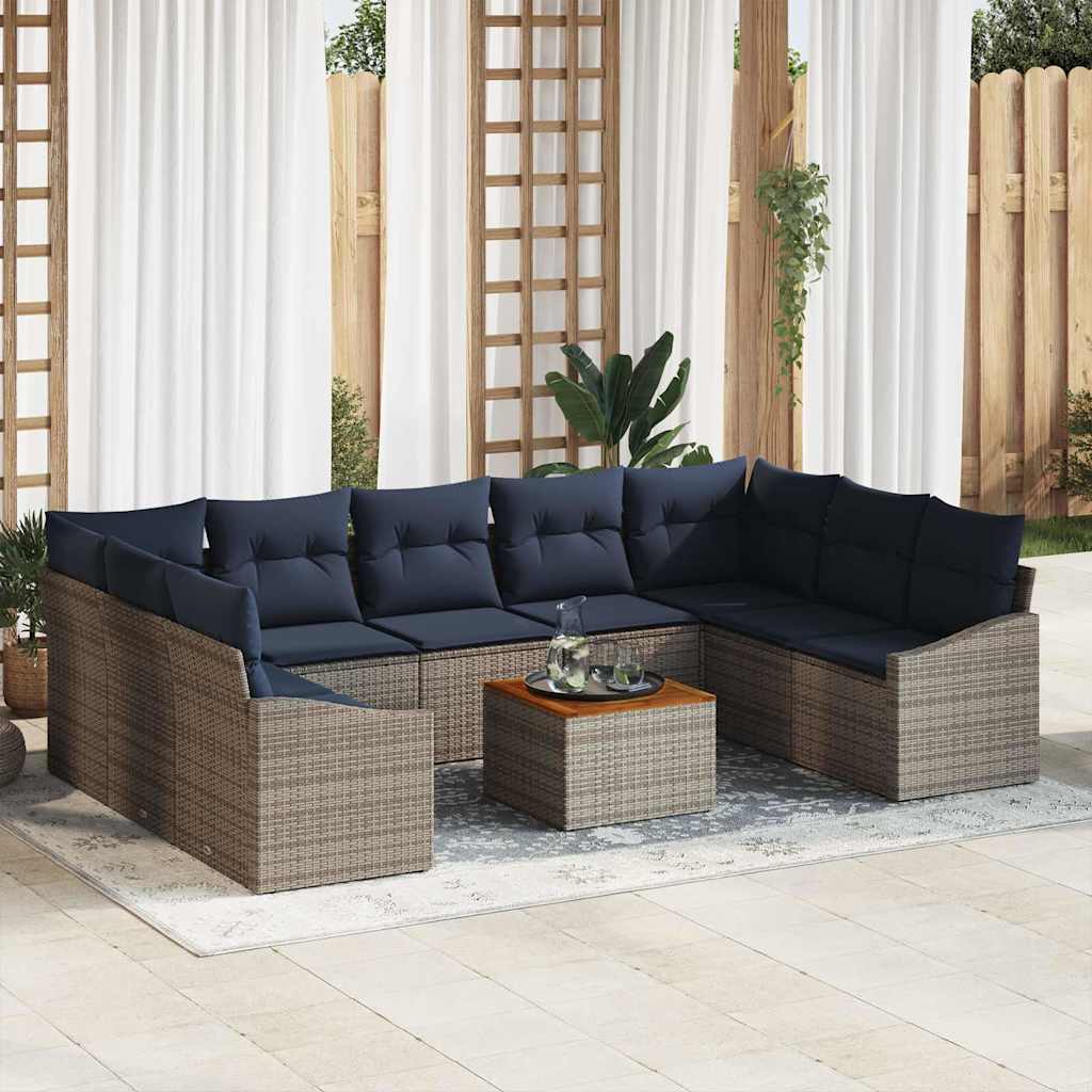 Gartensofa-set 10 pcs Grau und Marineblau Poly-Rattan