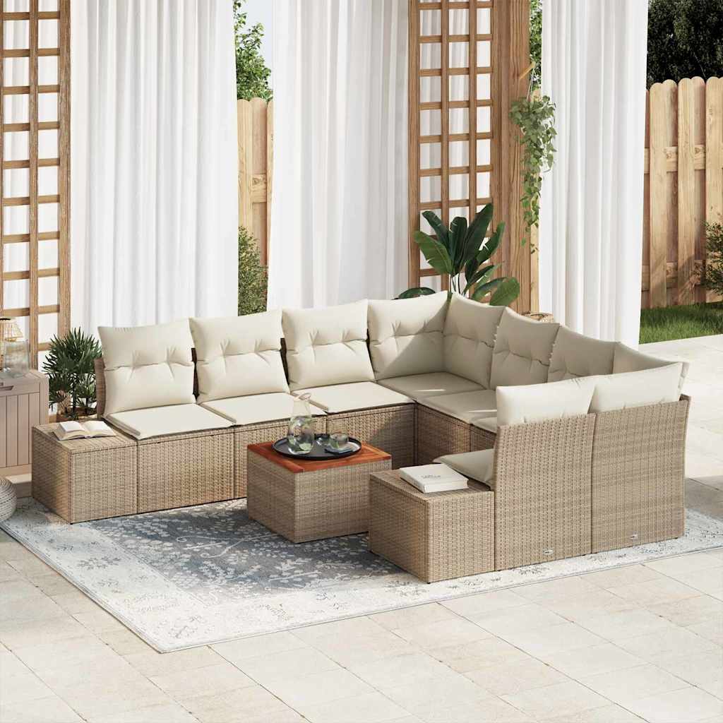 Gartensofa-set mit Speicher 9 pcs Beige und Creme Poly-Rattan