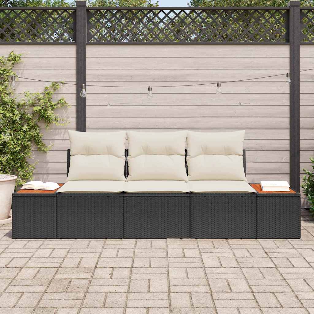 Garten-Sofa-Set 3 pcs Schwarz und Creme Poly Rattan