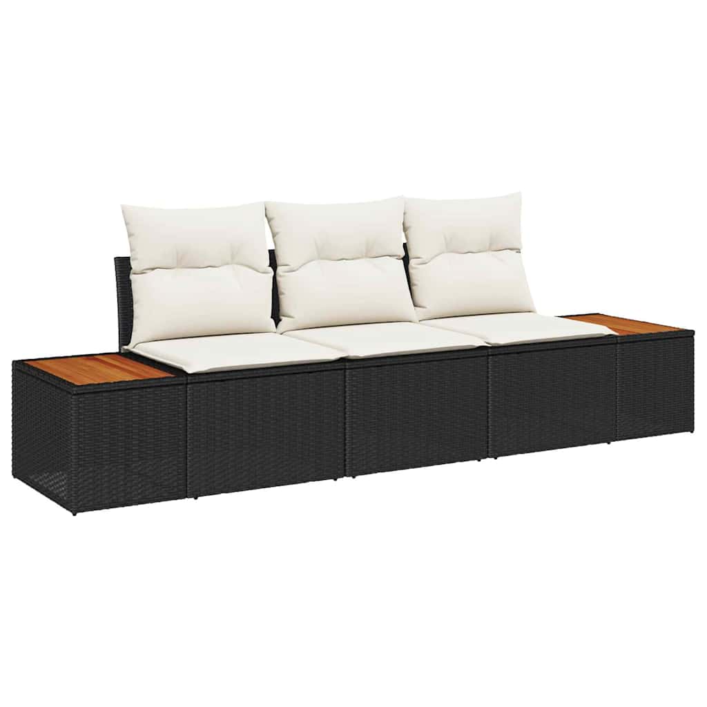 Garten-Sofa-Set 3 pcs Schwarz und Creme Poly Rattan