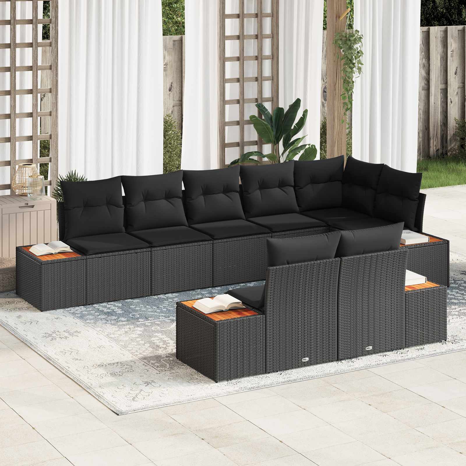 Gartensofa-set mit Kissen mit Speicher 8 pcs Schwarz Polyrattan